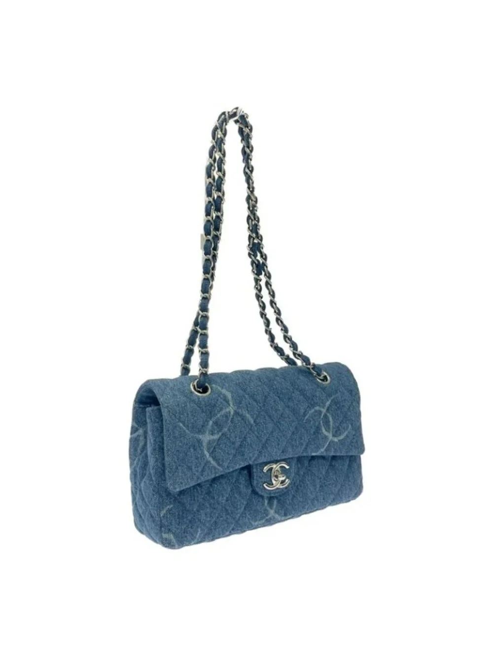 Chanel Quilted Denim Print Chain Shoulder Bag Blue